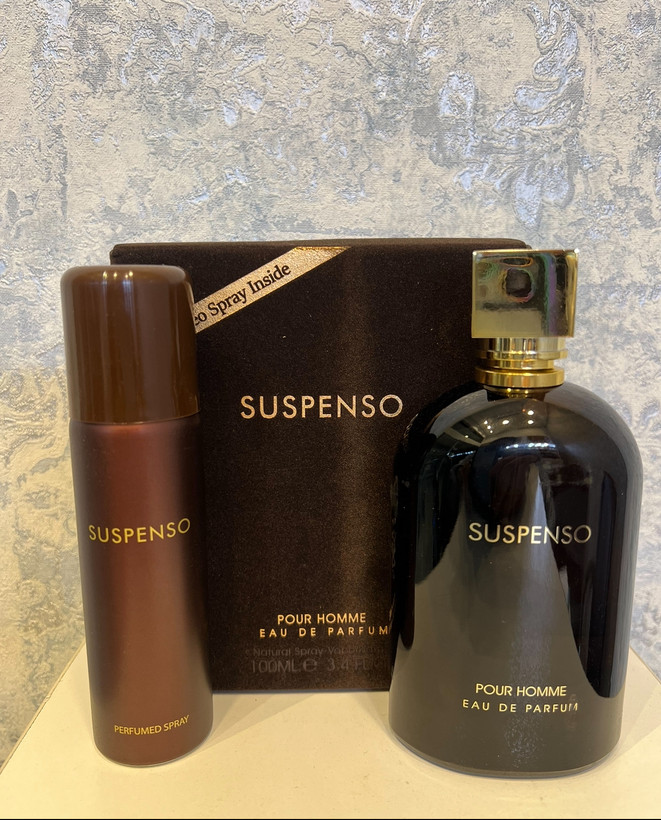 ادوپرفیوم ادکلن مردانه سوسپنسو با اسپری فرگرانس حجم ۱۰۰ میل Fragrance World Suspeso With Spray